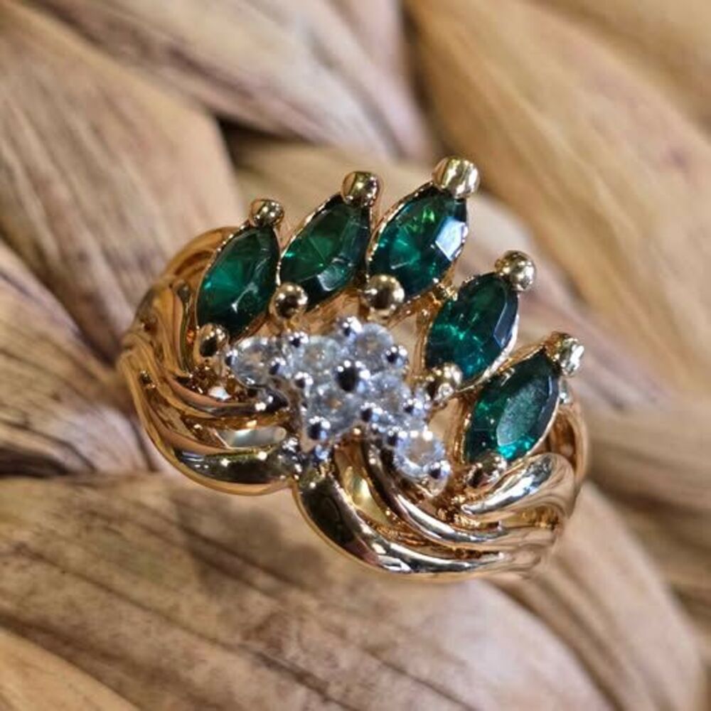 Marquise Green Stone and CZ Ring. Sz 5.75
